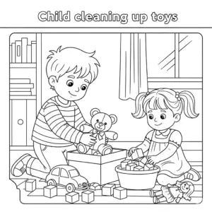 A sweet sibling moment of teamwork and tidying. Perfect for promoting cooperation and responsibility in young children. 哥哥陪妹妹收拾玩具，传递兄妹互助、家庭温馨的教育意义。
