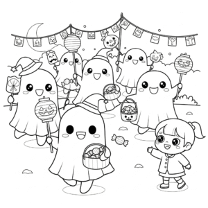 搞笑中元节小鬼夜行笼填色图 Funny ghost night walk cartoon coloring sheet
