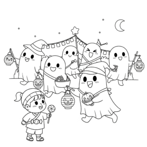 搞笑中元节小鬼夜行笼填色图 Funny ghost night walk cartoon coloring sheet