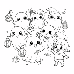 搞笑中元节小鬼夜行笼填色图 Funny ghost night walk cartoon coloring sheet