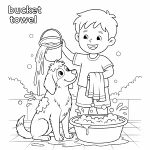 A child carrying a bucket and towel while walking toward a dog near a water basin.