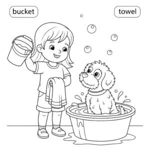A child carrying a bucket and towel while walking toward a dog near a water basin.