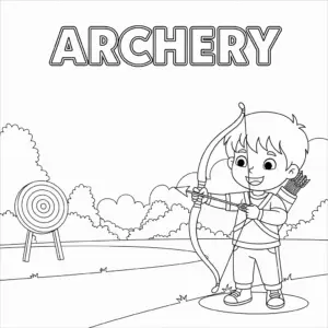 A child aiming a bow and arrow with focused expression