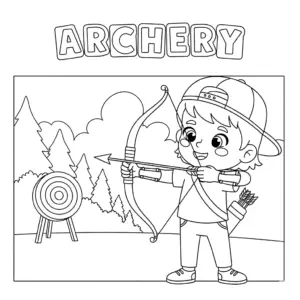 A child aiming a bow and arrow with focused expression