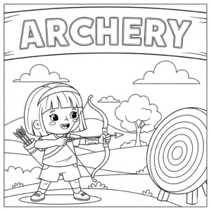 A child aiming a bow and arrow with focused expression