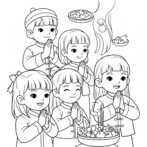 搞笑中元节儿童祭拜填色图 children praying cartoon coloring sheet