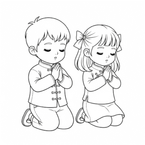 搞笑中元节儿童祭拜填色图 children praying cartoon coloring sheet