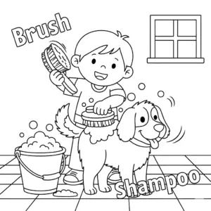 A child scrubbing a dog with a brush, with a shampoo bottle nearby.