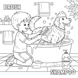 A child scrubbing a dog with a brush, with a shampoo bottle nearby.