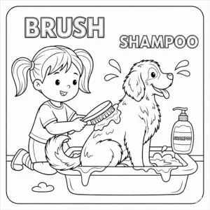A child scrubbing a dog with a brush, with a shampoo bottle nearby.