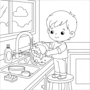 小朋友认真洗碗 child washing dishes with bubbles and sponge