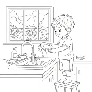 小朋友认真洗碗 child washing dishes with bubbles and sponge