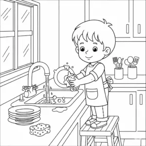 小朋友认真洗碗 child washing dishes with bubbles and sponge