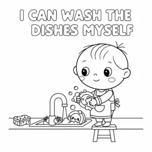 小朋友认真洗碗 child washing dishes with bubbles and sponge