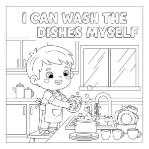 小朋友认真洗碗 child washing dishes with bubbles and sponge