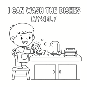 小朋友认真洗碗 child washing dishes with bubbles and sponge