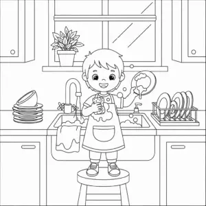 小朋友认真洗碗 child washing dishes with bubbles and sponge