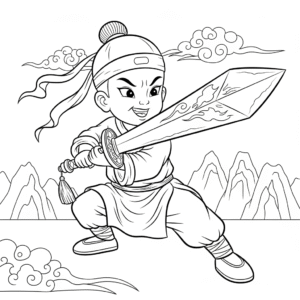 中国武术剑术，Kid practice sword in wushu outfit.