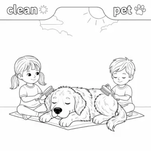 A clean dog sunbathing on a mat while a kids sits beside it and brushes its fur.
