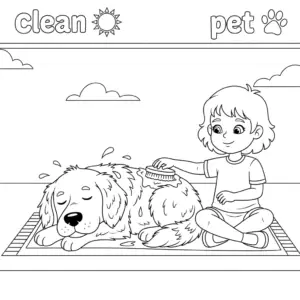 A clean dog sunbathing on a mat while a kid sits beside it and brushes its fur.