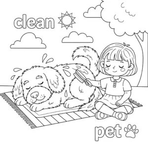A clean dog sunbathing on a mat while a kid sits beside it and brushes its fur.