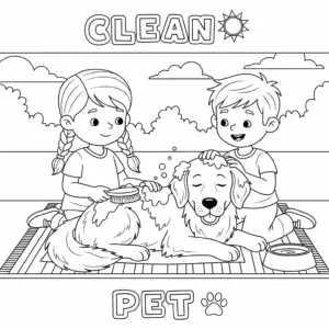 A clean dog sunbathing on a mat while a kids sits beside it and brushes its fur.