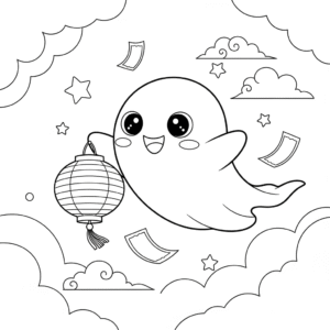 搞笑中元节小鬼飞在夜空提灯笼填色图 Funny ghost fly in the sky with lantern cartoon coloring sheet
