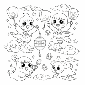 搞笑中元节小鬼飞在夜空提灯笼填色图 Funny ghost fly in the sky with lantern cartoon coloring sheet