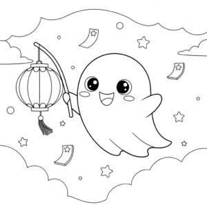 搞笑中元节小鬼飞在夜空提灯笼填色图 Funny ghost fly in the sky with lantern cartoon coloring sheet