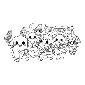 搞笑中元节小鬼夜行笼填色图 Funny ghost night walk cartoon coloring sheet