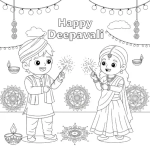 Indian kids celebrate Deepavali free printable coloring sheet.儿童庆祝屠妖节免费填色图