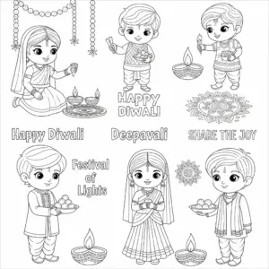 Indian kids celebrate Deepavali free printable coloring sheet.儿童庆祝屠妖节免费填色图