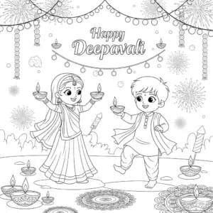 Boy and girl in Indian attire dancing with joy for Deepavali小朋友跳舞庆祝屠妖节free printable coloring sheet
