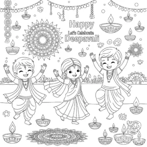 Boy and girl in Indian attire dancing with joy for Deepavali小朋友跳舞庆祝屠妖节free printable coloring sheet