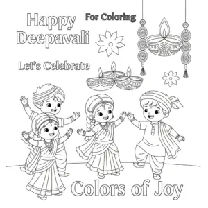 Boy and girl in Indian attire dancing with joy for Deepavali小朋友跳舞庆祝屠妖节free printable coloring sheet