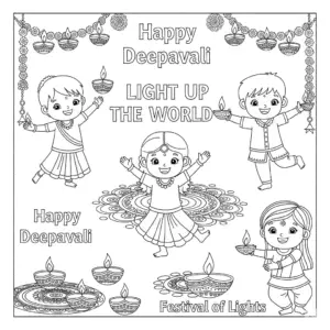 Boy and girl in Indian attire dancing with joy for Deepavali小朋友跳舞庆祝屠妖节free printable coloring sheet