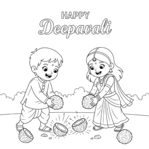 Boy and girl in Indian attire smash coconut with joy for Deepavali小朋友摔椰子庆祝屠妖节