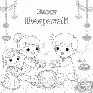 Boy and girl in Indian attire smash coconut with joy for Deepavali小朋友摔椰子庆祝屠妖节