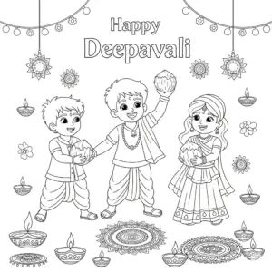 Boy and girl in Indian attire smash coconut with joy for Deepavali小朋友摔椰子庆祝屠妖节free printable coloring sheet