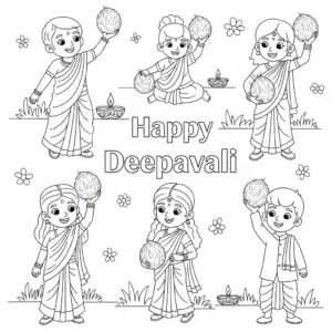 Boy and girl in Indian attire smash coconut with joy for Deepavali小朋友摔椰子庆祝屠妖节free printable coloring sheet