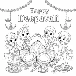Boy and girl in Indian attire smash coconut with joy for Deepavali小朋友摔椰子庆祝屠妖节free printable coloring sheet