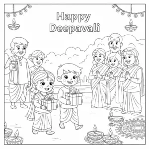 Indian children in traditional clothes visiting relatives during Deepavali, holding sweets and greeting elders with smiles.free printable coloring sheet