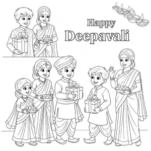Indian children in traditional clothes visiting relatives during Deepavali, holding sweets and greeting elders with smiles.free printable coloring sheet