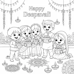 Indian children in traditional clothes visiting relatives during Deepavali, holding sweets and greeting elders with smiles.free printable coloring sheet