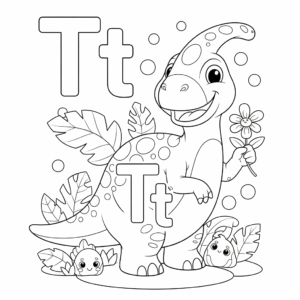 可爱恐龙字母t涂色图 Dinosaur T coloring sheet