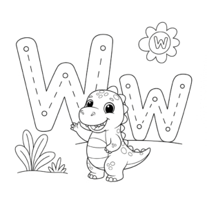 可爱恐龙字母w涂色图 Dinosaur W coloring sheet