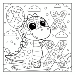 可爱恐龙字母x涂色图 Dinosaur X coloring sheet