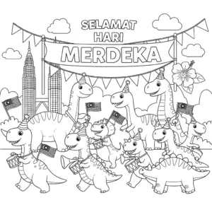 Dinosaurs marching in a National Day parade with flags and drums. 恐龙在国庆游行中挥舞旗帜，敲打鼓乐前进。