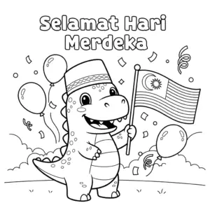 A dinosaur waving the Malaysian flag with fireworks in the background. 一只恐龙挥舞马来西亚国旗，背景有烟花。