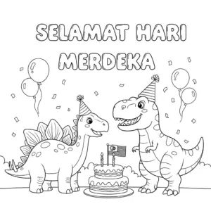 Two dinosaurs happily eating cake to celebrate Malaysia National Day. 两只恐龙开心地吃蛋糕庆祝马来西亚国庆日。